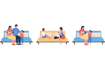 Family On Sofa Illustration Pack