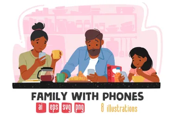 Family With Phones Illustration Pack