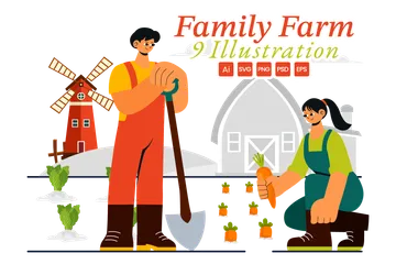 Family Working On A Farm Illustration Pack