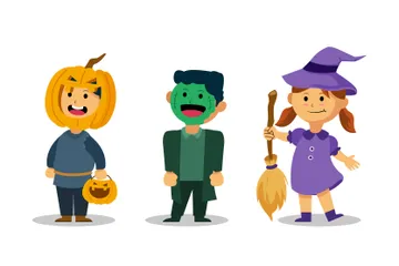 Crianças fofas usam fantasia de Halloween Pacote de Ilustrações