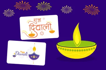 Feliz Diwali, Celigrafía Hindi de Diwali Paquete de Ilustraciones