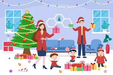 Feliz Navidad con familia y Santa Paquete de Ilustraciones