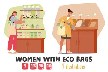 Femmes avec un sac écologique en train de faire leurs courses Pack d'Illustrations