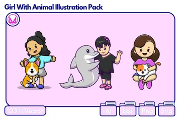 Fille avec un animal Pack d'Illustrations