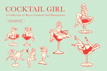 Fille cocktail rétro Pack d'Illustrations