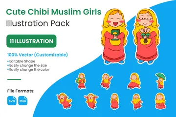 Filles musulmanes mignonnes de style chibi Pack d'Illustrations