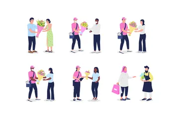 Flower Delivery Couriers With Customers Illustration Pack