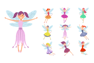Flying Fairies In Colorful Dresses Illustration Pack