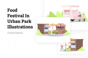 都会の公園で開催されるフードフェスティバル イラストパック