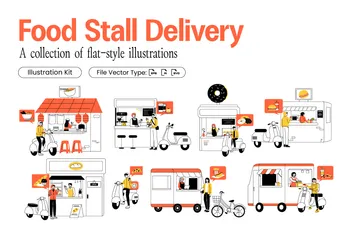 Food Stall With Delivery Drivers Illustration Pack