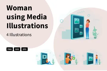 Frau nutzt Medien Illustration Pack