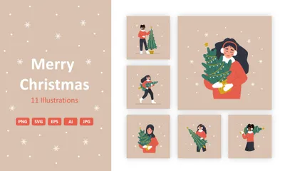 Frauen mit Weihnachtsbaum Illustrationspack
