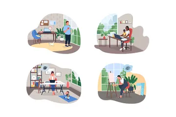 Freelancer In Home Office Illustration Pack