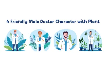 Friendly Male Doctor Character With Plant Illustration Pack