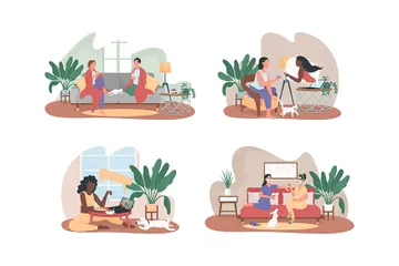 Friends Relax At Home Together Illustration Pack