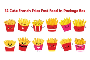 Frites mignonnes Fast Food dans une boîte d'emballage Illustration Pack