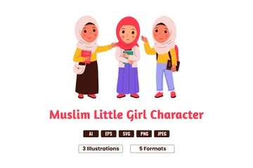 Funny Little Girl Student Wearing A Hijab Illustration Pack