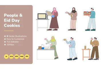 Personas y galletas del día de Eid Paquete de Ilustraciones