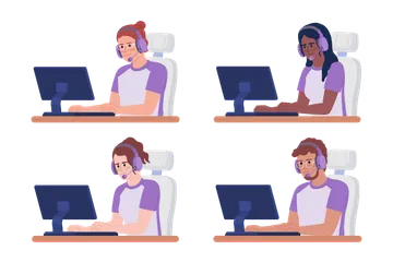 Gamers With Headsets At Computers Illustration Pack