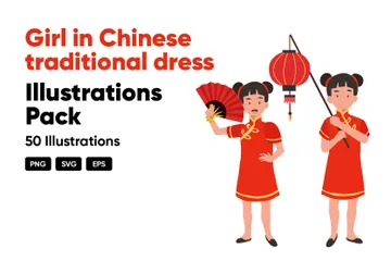 Menina Com Vestido Tradicional Chinês Pacote de Ilustrações