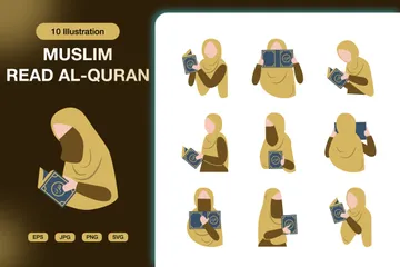 Menina islâmica lendo o Alcorão Pacote de Ilustrações