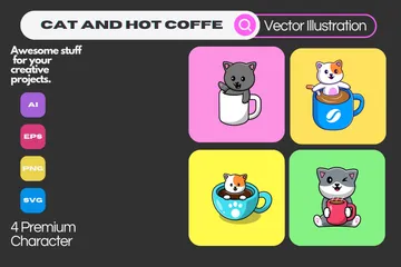 Gato e xícara de café quente Pacote de Ilustrações