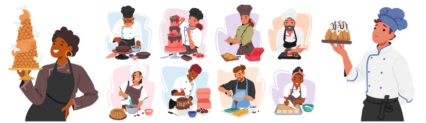 Des gens qui cuisinent des plats sucrés Pack d'Illustrations