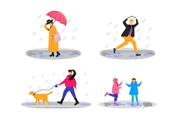 Gente bajo la lluvia Paquete de Ilustraciones