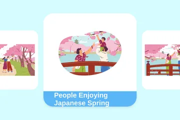 Gente disfrutando de la primavera japonesa Paquete de Ilustraciones