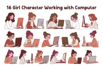 Girl Character Working With Computer Illustration Pack