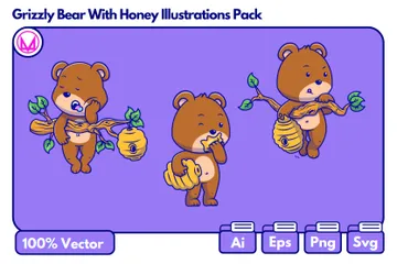 Grizzly Bear With Honey Illustration Pack