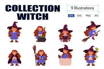 Halloween With Little Witch Girl In Hat Illustration Pack