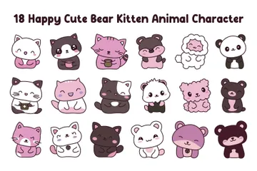 Happy Cute Bear Kitten Animal Illustration Pack