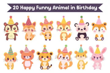 Happy Funny Animal In Birthday Illustration Pack