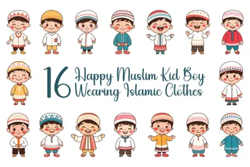 Happy Muslim Kid Boy Character Wearing Islamic Clothes Illustration Pack