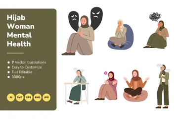 Hijab Mulher Saúde Mental Pacote de Ilustrações
