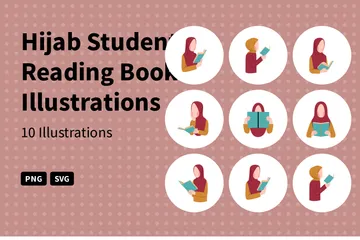 Hijab Student Reading Book Illustration Pack