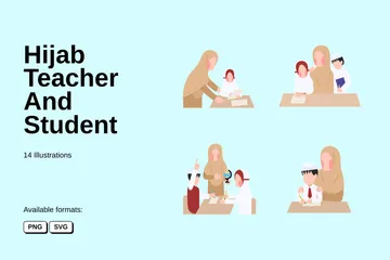 Hijab Teacher And Student Illustration Pack