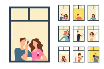 Homem e mulher nas janelas do apartamento Pacote de Ilustrações