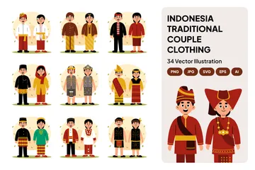 Casal tradicional da Indonésia em roupas culturais Pacote de Ilustrações