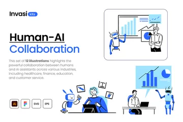 Interaction entre l'humain et l'IA pour la productivité et l'innovation Pack d'Illustrations