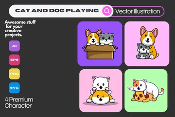 Chat et chien jouant Pack d'Illustrations