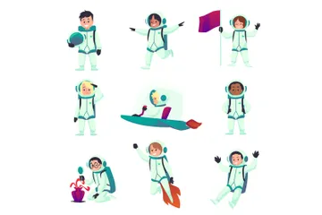 Kid Astronauts With Rocket Illustration Pack