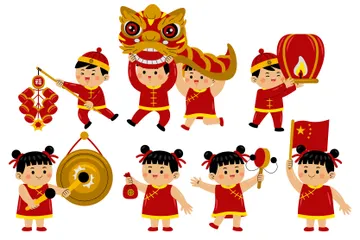 Kids Celebrate Chinese New Year Illustration Pack