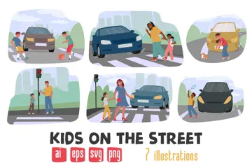 Kids Crossing The Street Illustration Pack