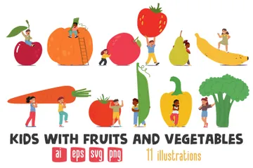 Kids With Big Fruits And Vegetables Illustration Pack