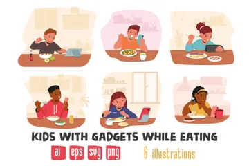 Kids With Gadgets While Eating Illustration Pack