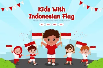 Kids With Indonesian Flag Illustration Pack