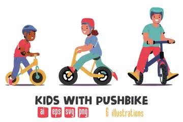 Kids With Pushbike Illustration Pack