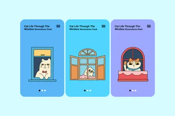 La vie de chat à travers la fenêtre Pack d'Illustrations